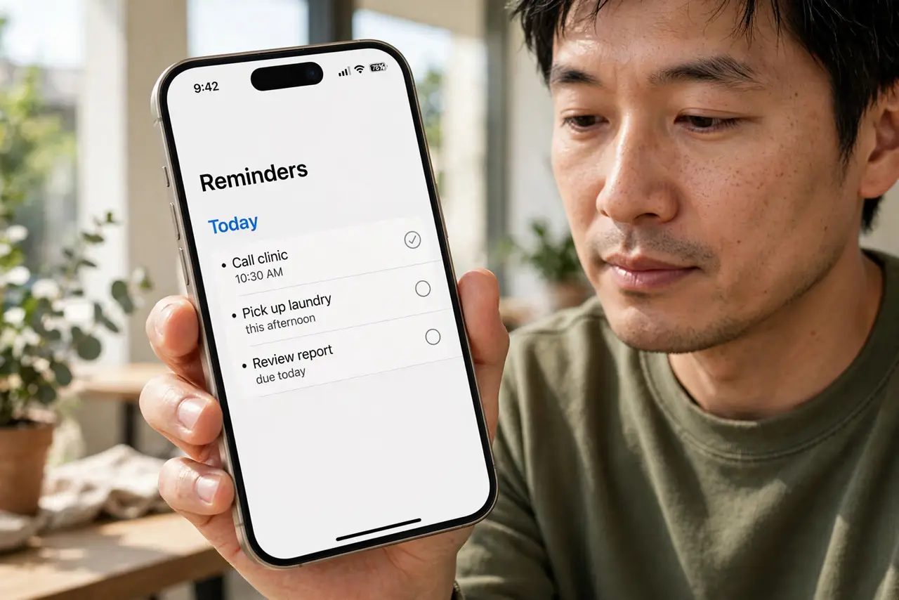 a calm adult holding a real iPhone upright in one hand, the iPhone screen visible complete and legible in portrait orientation, the person rotating it slowly and calmly.