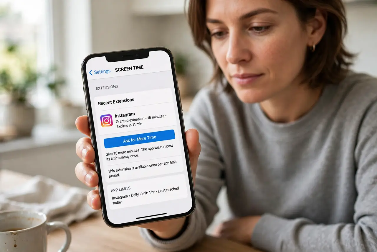 An App Limit Is Ignored Just Once a Day — step 1 being performed on the device.