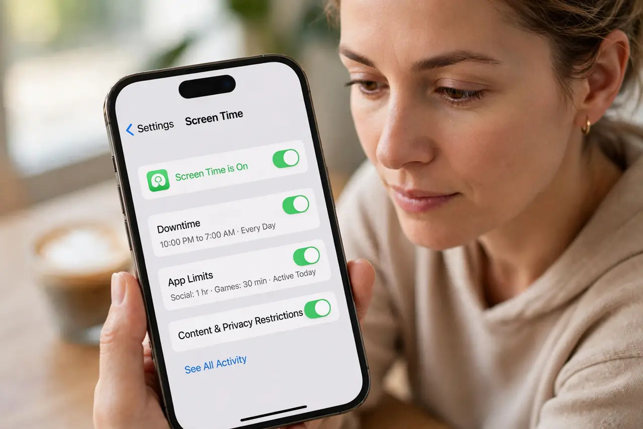 Person performing step 1: Confirm Screen Time is on with limits set. Open Settings, then Screen Time, and confirm it is on. Then check App Limits and confirm the...