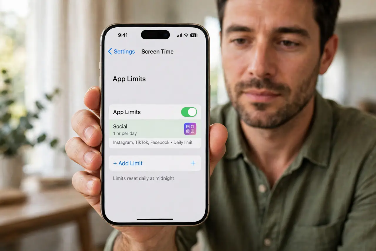 Photorealistic photo: A calm adult holding an iPhone toward the viewer, the real iPhone screen showing Settings, Screen Time, App Limits, with a limit entry legible.