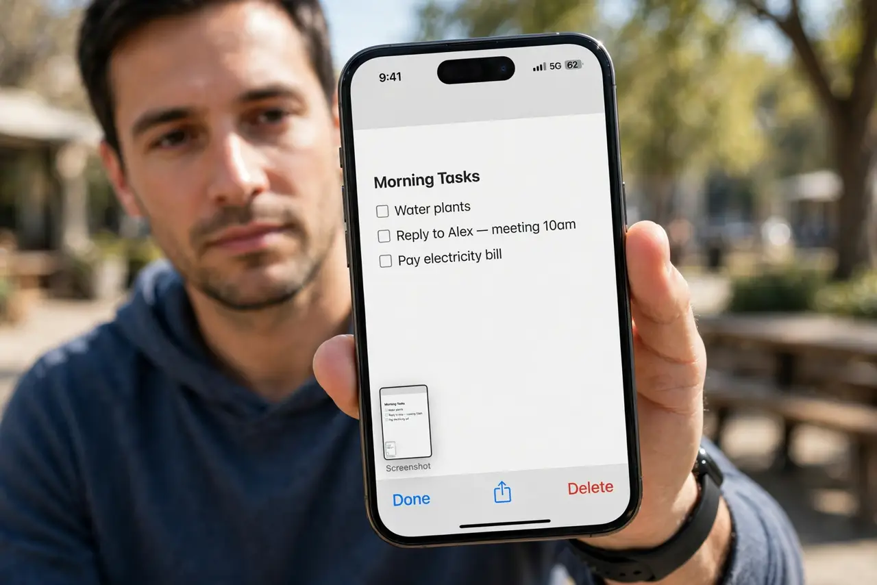 Photorealistic photo: A calm adult holding an iPhone toward the viewer, the real iPhone screen showing a just-captured screenshot preview in the corner, legible.