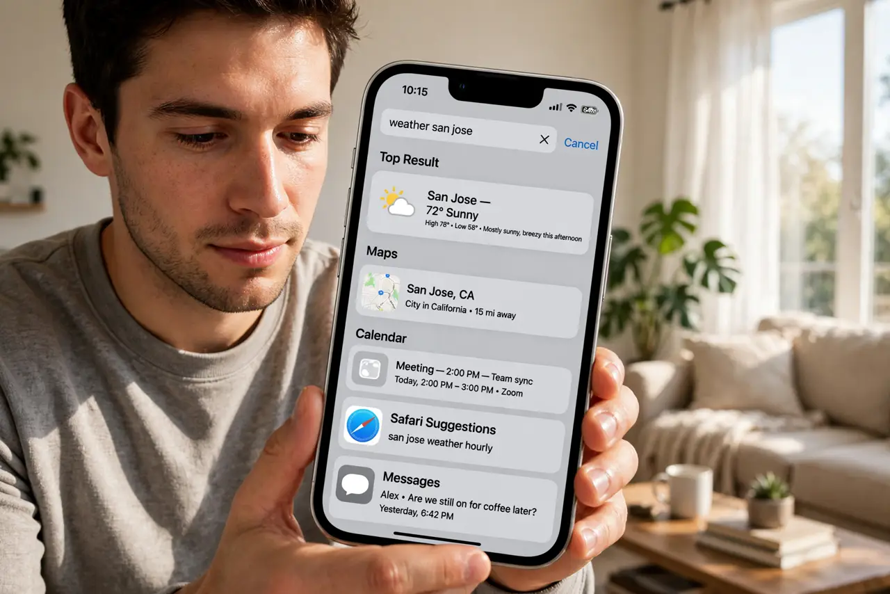 a person swiping down on a real iPhone home screen revealing Spotlight search with legible results, the person's face enlightened, living room.