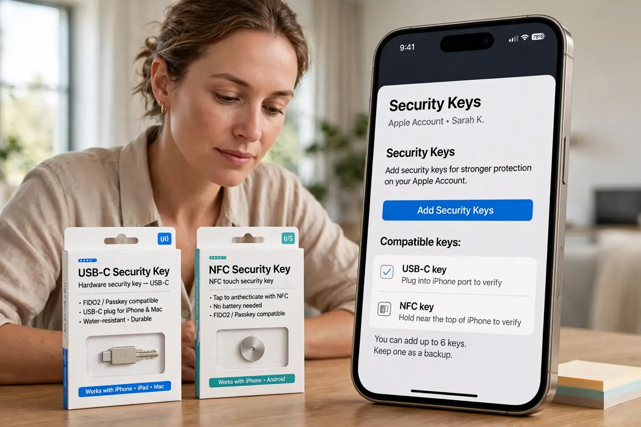 Photoreal photo of a person performing the first step: Get a compatible security key. Buy a key with the right connector for your iPhone — USB-C, L...