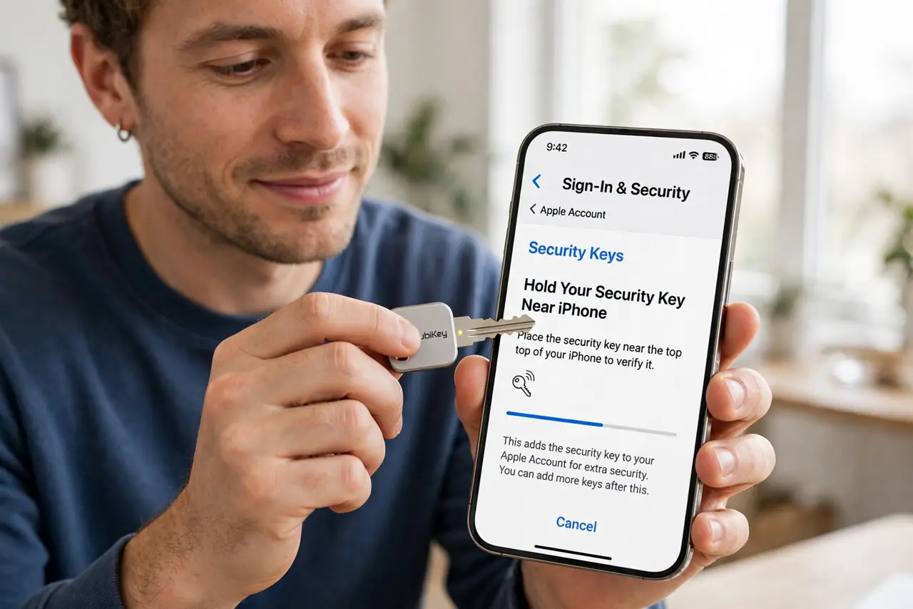 Photoreal photo: a person tapping a real security key to a real iPhone showing the Apple Account security settings with legible text, the person's face focused, bright room. No black screen, no blank white screen, ...