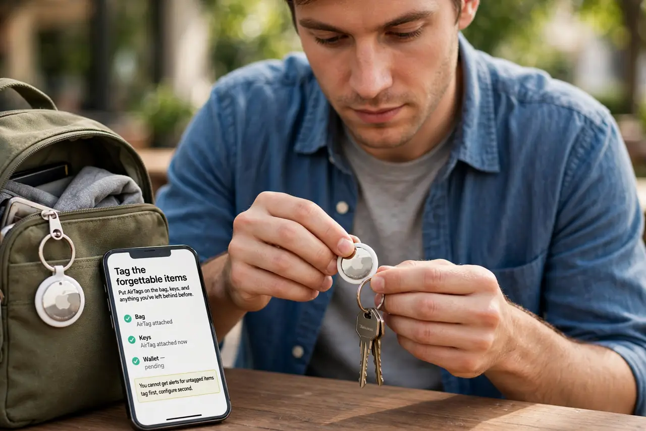 A person performing the first step of the guide: Tag the forgettable items.