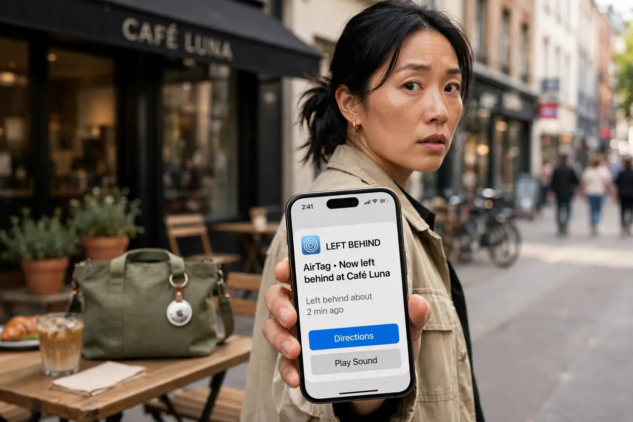 a person walking away on a city street, a real iPhone in hand showing a legible left-behind notification, a bag with an AirTag visible on a cafe table behind, the person's face alert, daylight.
