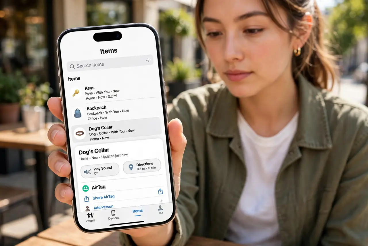 A person performing the guide's first step: Open Find My and select the AirTag. Go to the Items tab in Find My, tap the AirTag you want to share — the keys, the luggage, the dog's…