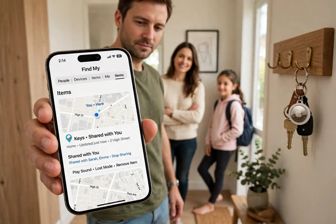 A family in a hallway with a real iPhone showing Find My with a legible shared AirTag on the map, keys with an AirTag on a hook, everyone relaxed, daylight..