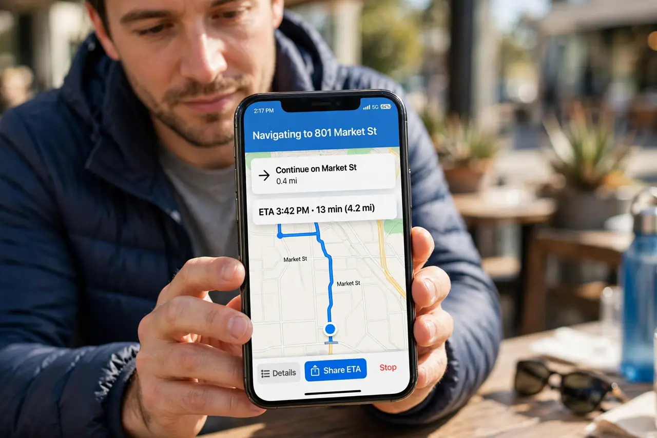 A person performing the first step of the guide: Start navigation first. Enter your destination in Apple Maps and tap Go. Share ETA only appears during active.