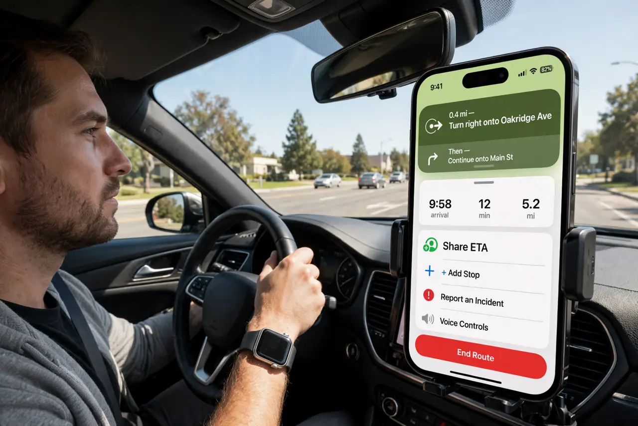 A person driving with a real iPhone mounted showing Apple Maps navigation with the Share ETA button legible, the road ahead visible through the.