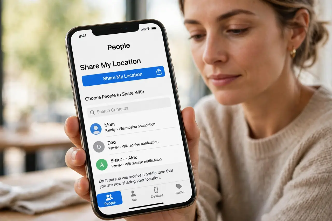 A person performing the guide's first step: Open Find My and start sharing. Open the Find My app, go to the People tab, and tap Share My Location. Pick family members from your…