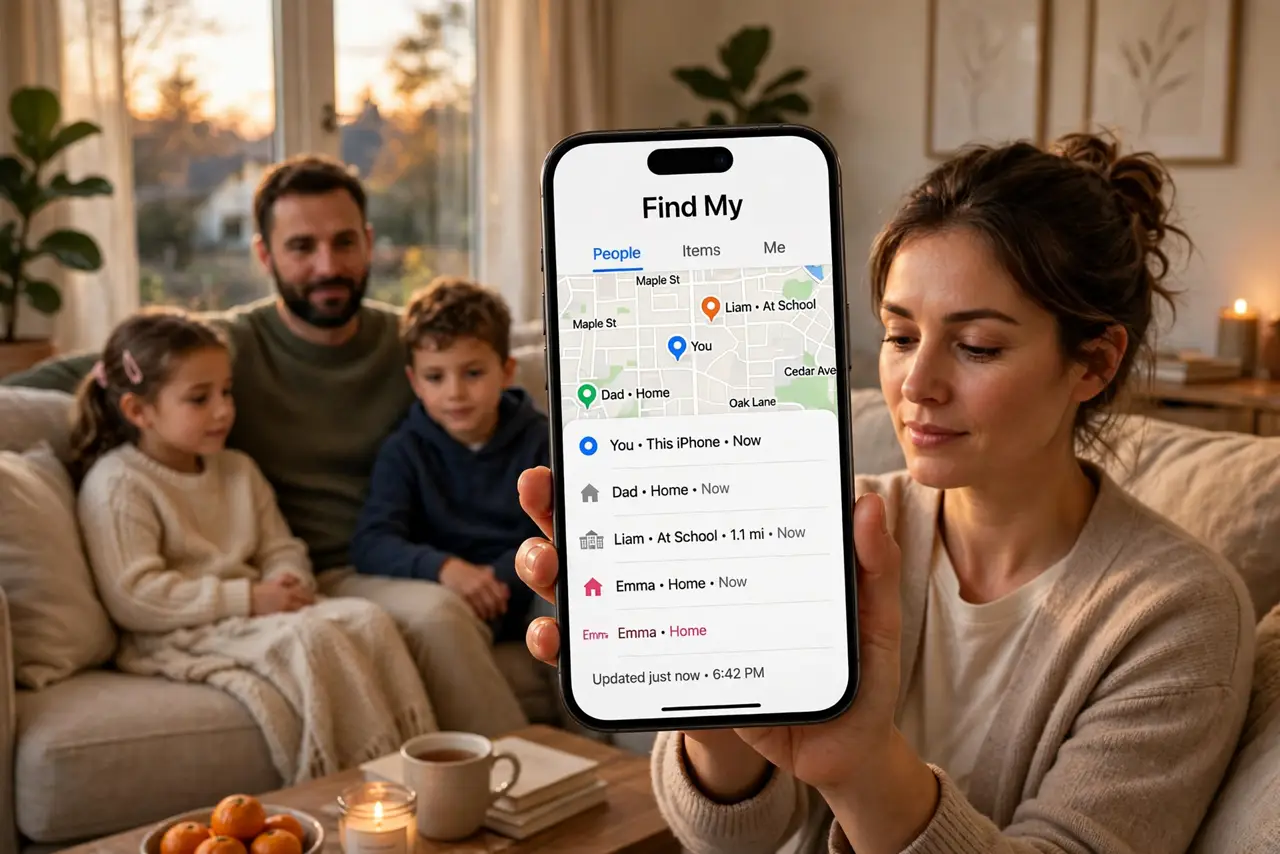 A family in a living room with a real iPhone showing the Find My map with legible family member locations, everyone relaxed, evening warm light..