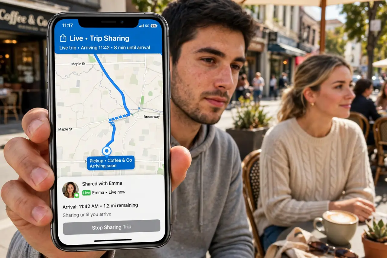 a person holding a real iPhone showing a maps app with live trip sharing active, a moving dot along a route and an arrival time visible, a friend waiting at a pickup spot, bright d.