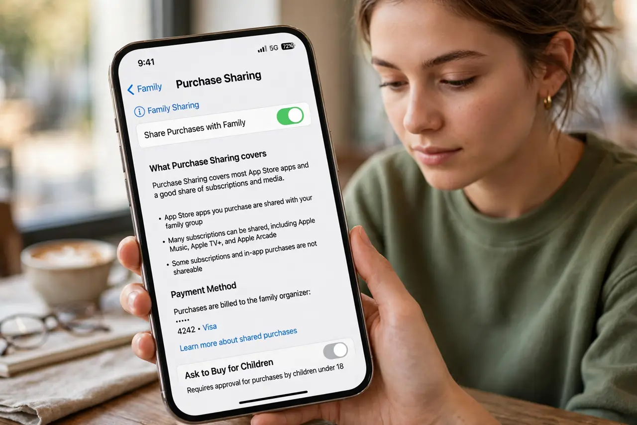 A person performing step 1: Understand what sharing covers. Purchase Sharing covers most App Store apps and a good share of subscriptions .