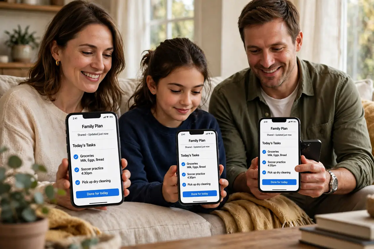 A family on a couch each holding a real phone, the screens showing the same legible app open on each device, the parents smiling, warm living room.