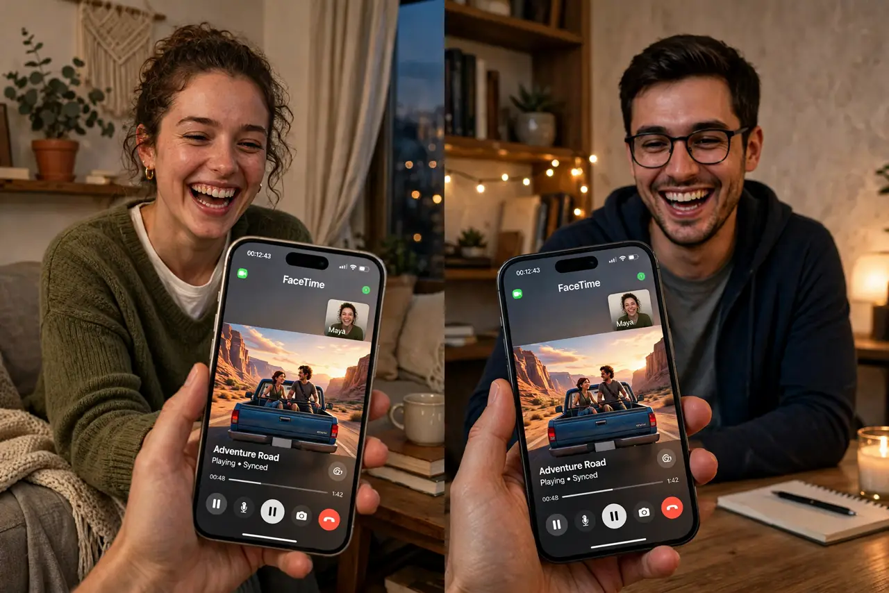 two people in different homes on a real FaceTime call, each holding a real iPhone showing the same movie playing in sync, both laughing, cozy evening settings. No black screen, no .