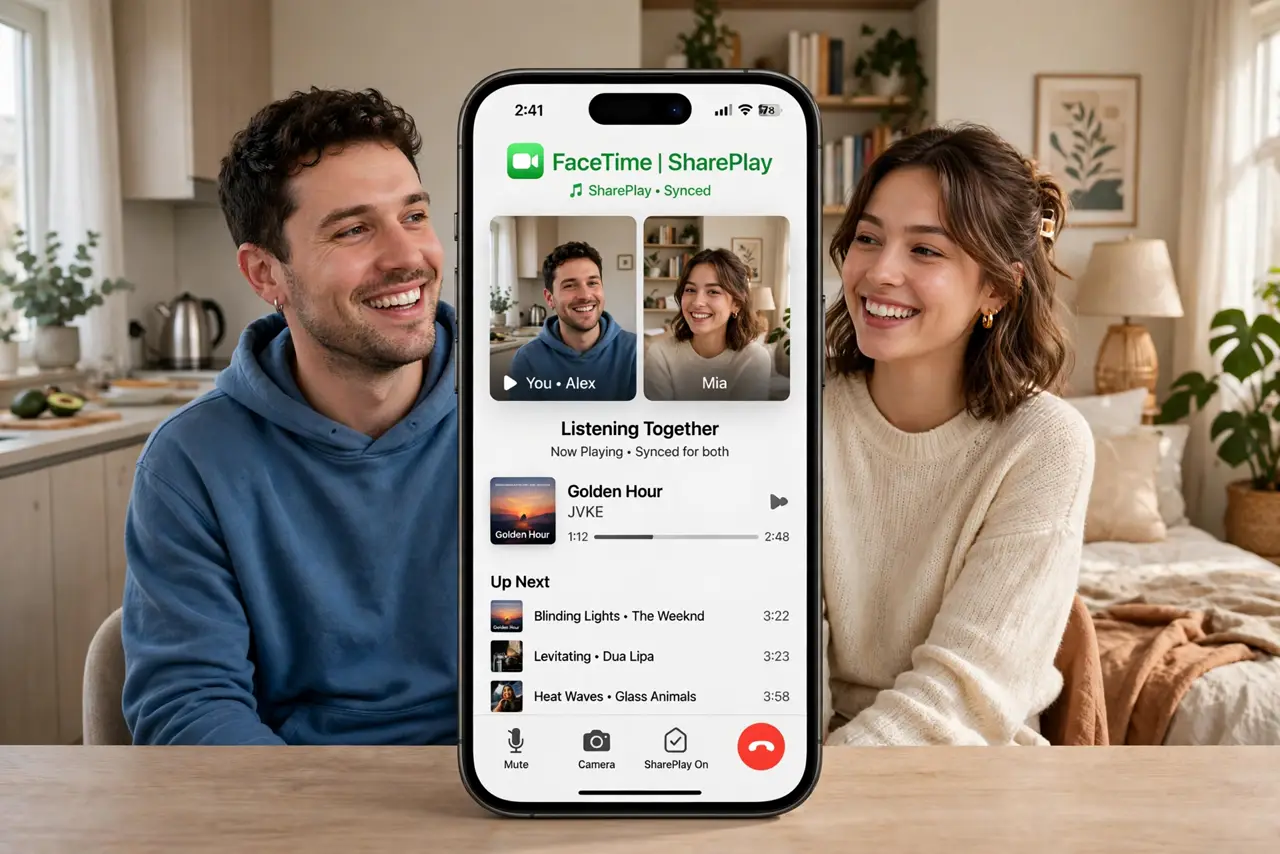 Two people in different rooms on a FaceTime call with Apple Music SharePlay active, the synced playback queue fully legible on a real iPhone, both faces smiling.