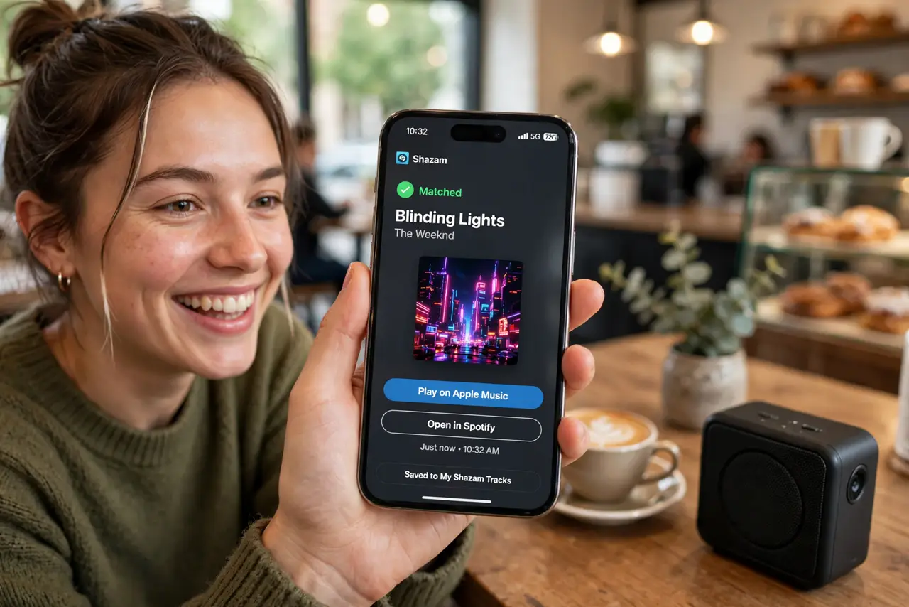 a person holding a real iPhone toward a cafe speaker with the Shazam listening animation on screen identifying the song, the person's face delighted, cozy cafe. No black screen, no.