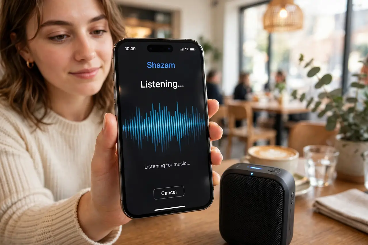 a person holding a real iPhone up near a real speaker with the Shazam listening screen visible and legible, the person's face excited, cafe.