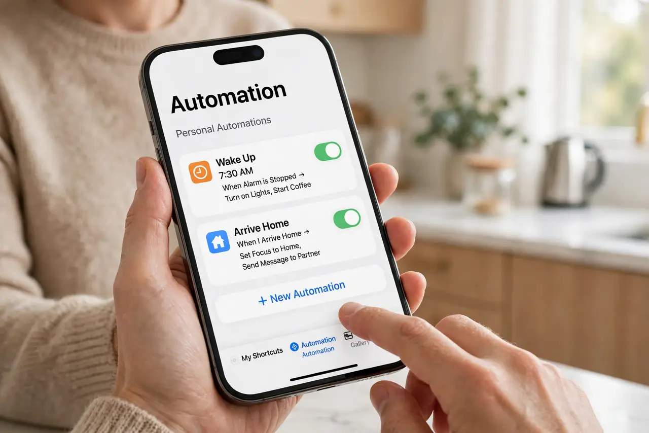 Photoreal photo of a person performing the first step: Open Shortcuts and tap Automation. The Shortcuts app has an Automation tab at the bottom. Th...