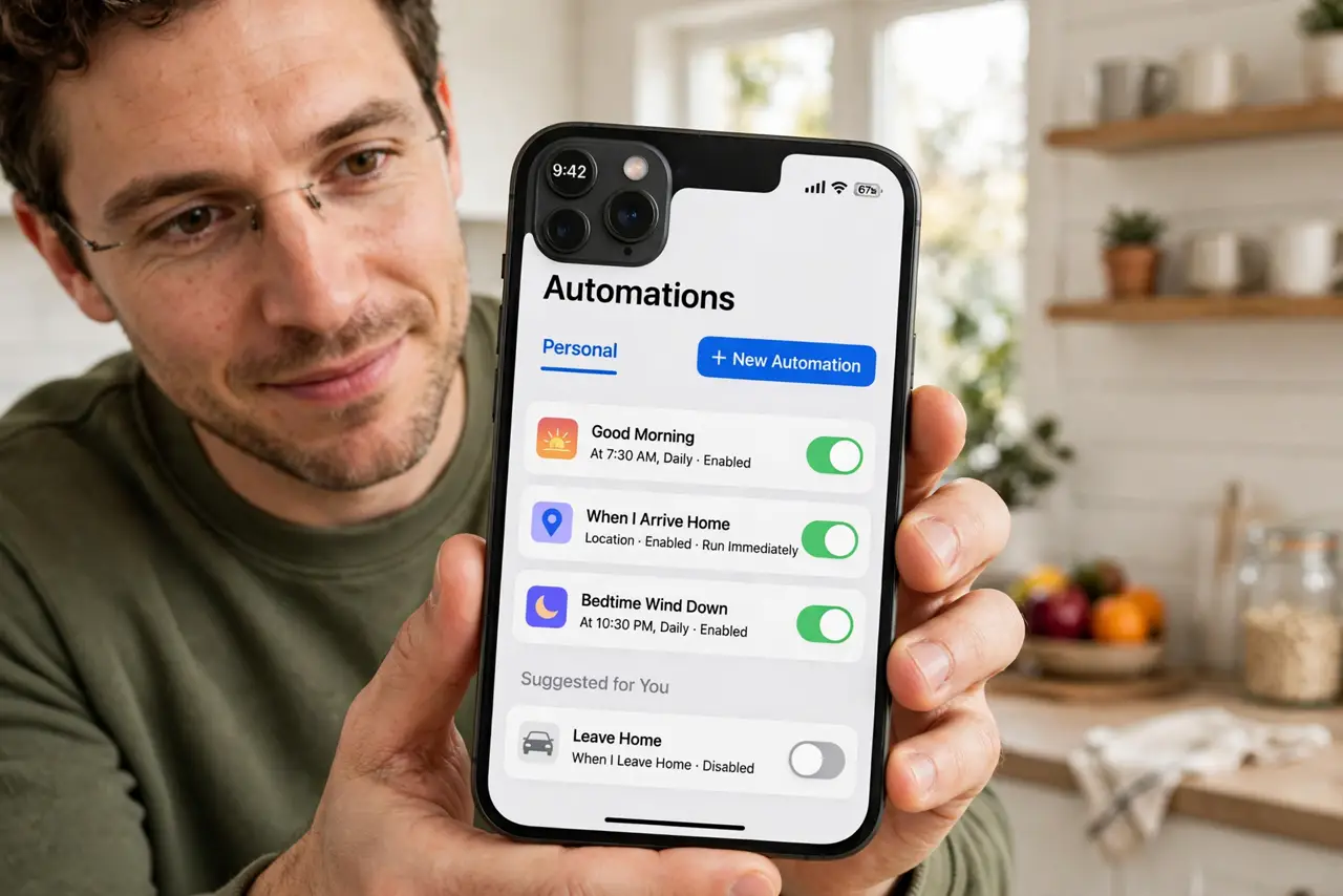 Photoreal photo: a person holding a real iPhone showing the Shortcuts app automation screen with legible text, the person's face curious and pleased, bright kitchen. No black screen, no blank white screen, no fake ...