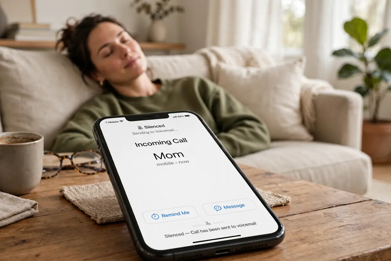A person relaxing on a couch while a real iPhone on the table shows an incoming call going silently to voicemail, the person's face peaceful, living room.
