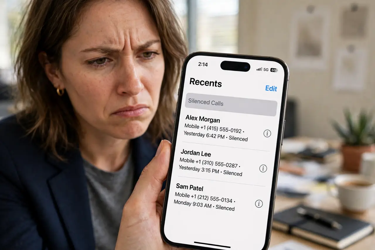 Silence Unknown Callers Blocks Wanted Calls — a frustrated adult looking at a real iPhone showing silenced calls in the recents list with fully legible name