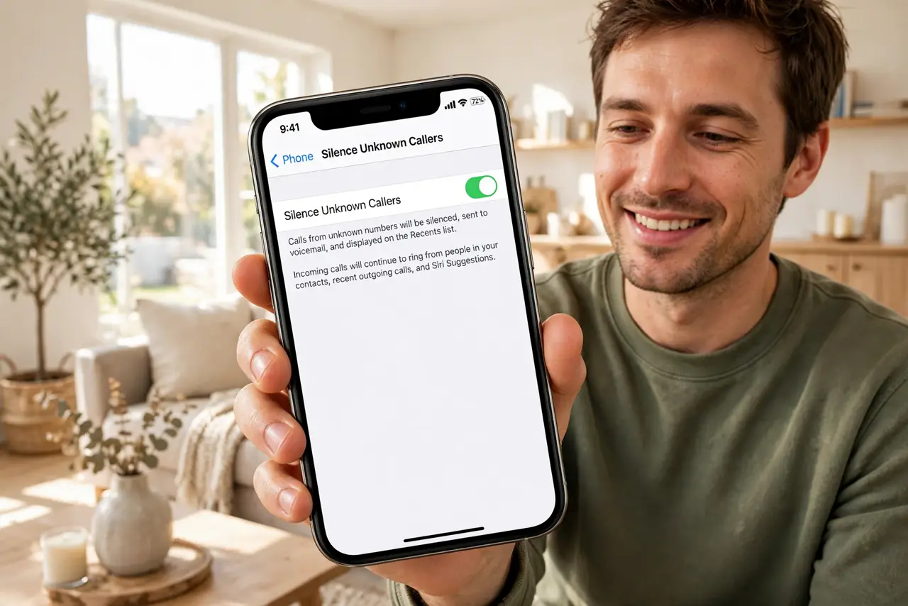 A person holding a real iPhone showing the Settings screen with Silence Unknown Callers toggle legible, the person's face relieved, bright living room.