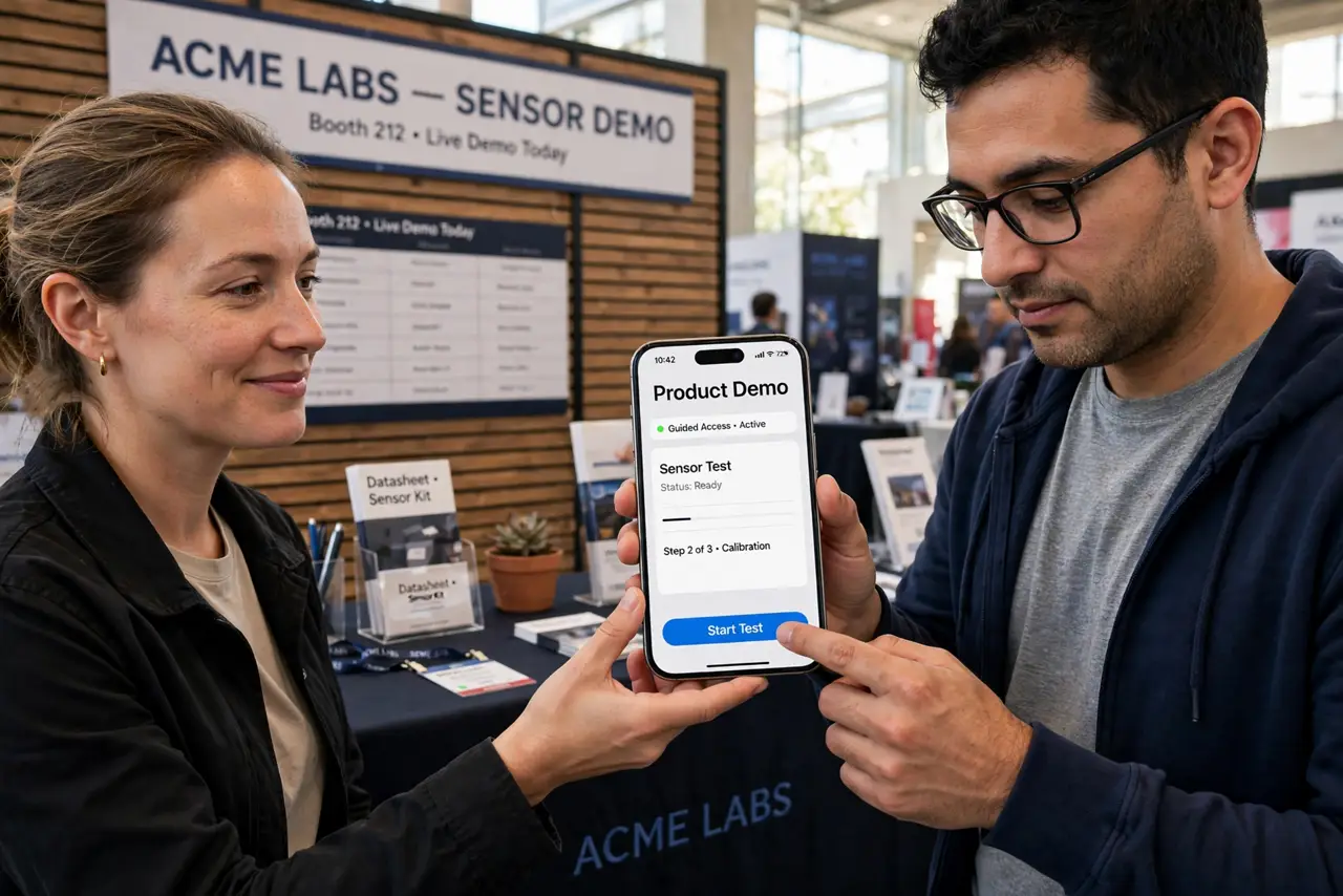 a person handing a real iPhone locked to a single demo app to a friend, the friend interacting only with that app, the person's face relaxed, trade show booth.