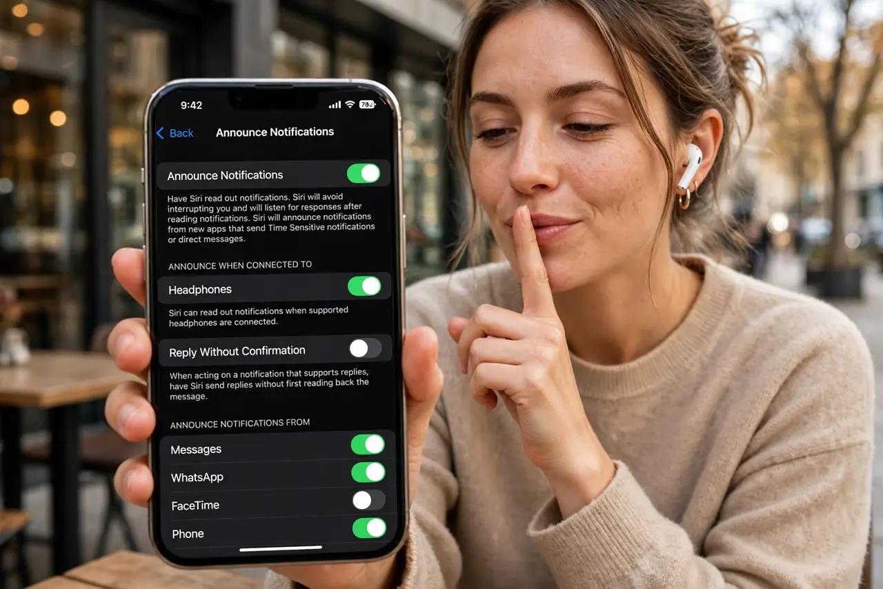 a person wearing real AirPods with an iPhone showing the Announce Messages settings screen with legible toggles, the person holding a finger to lips as if quieting chatter, face shifting from annoyed to relieved.