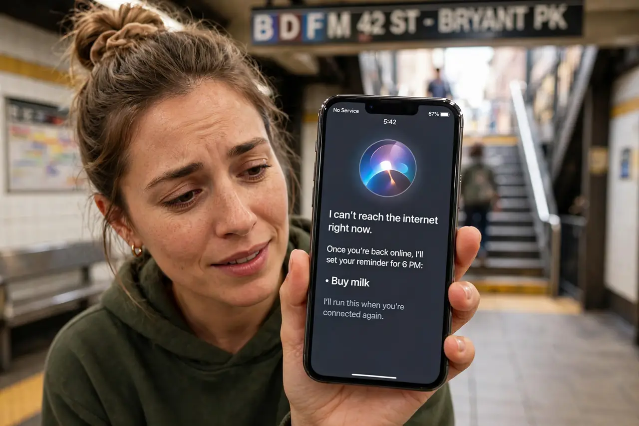 a person holding a real iPhone showing Siri responding with legible text in a subway with no signal bars, the person's face relieved, commute setting.