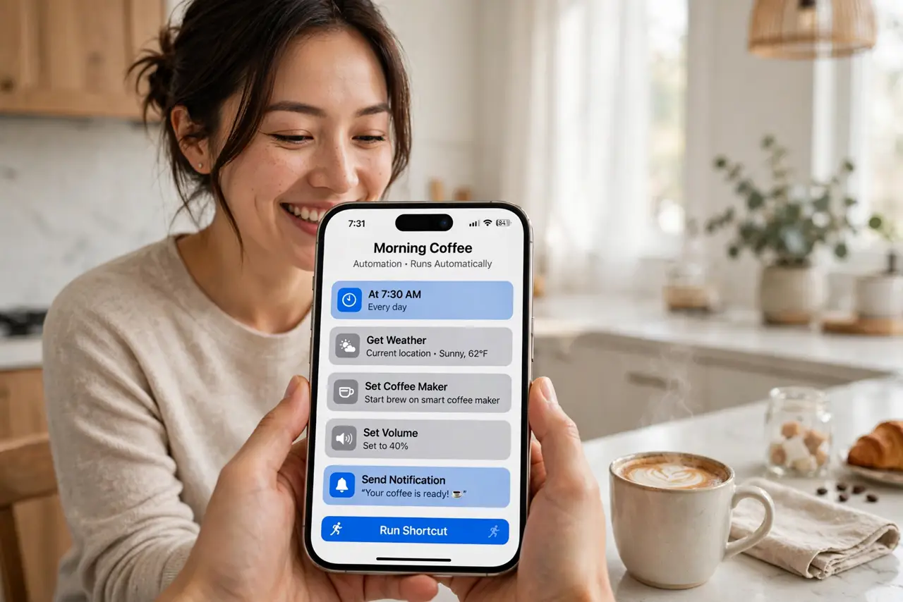 a person running a real iPhone Shortcut with legible automation steps on screen, morning coffee beside, the person's face delighted, kitchen.