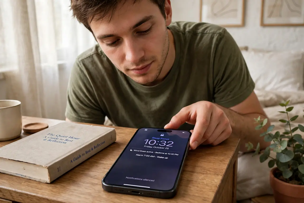 a person placing a real iPhone face-down on a nightstand showing the dimmed Sleep Focus lock screen with legible text, a book beside, the person's face drowsy and calm, bedroom.