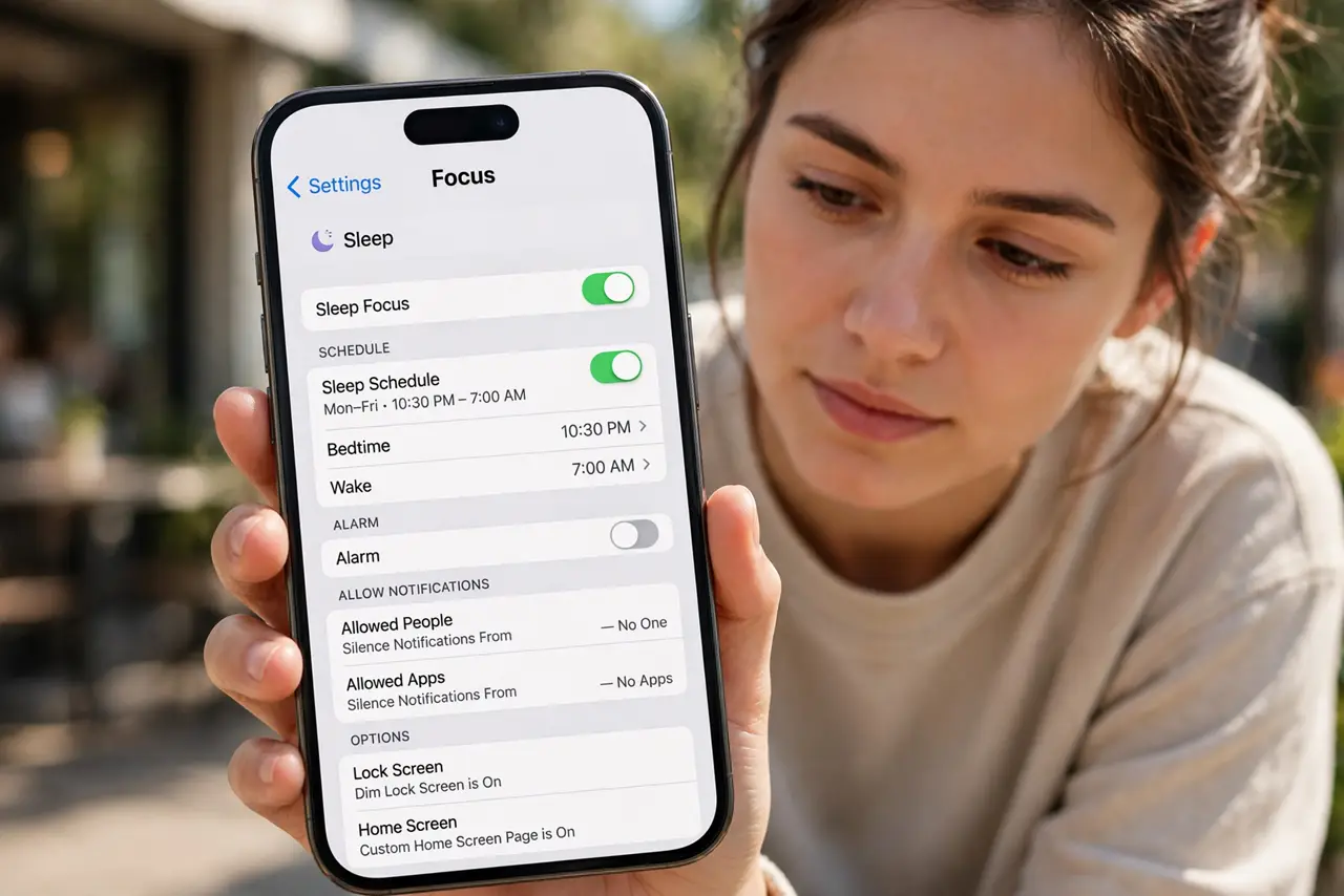 A person performing step 1: Open the Sleep Focus settings.