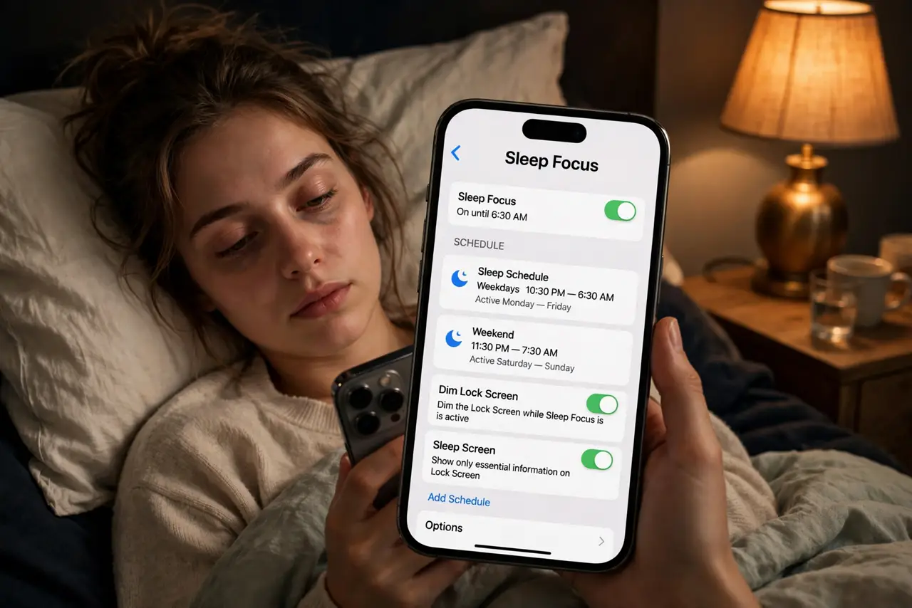 A person setting a Sleep Focus schedule on a real iPhone in bed with the dimmed lock screen and schedule times fully legible, warm bedside lamp, the person's face sleepy.