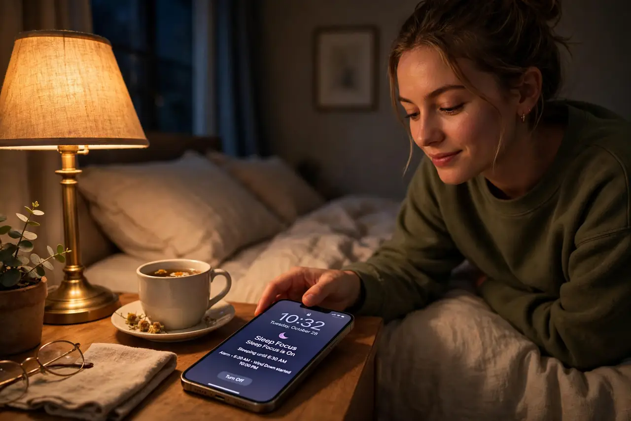 a person placing a real iPhone on a nightstand in a dim bedroom at night, the Sleep focus screen visible, the person looking relaxed, warm lamp light. No black screen, no blank whi.