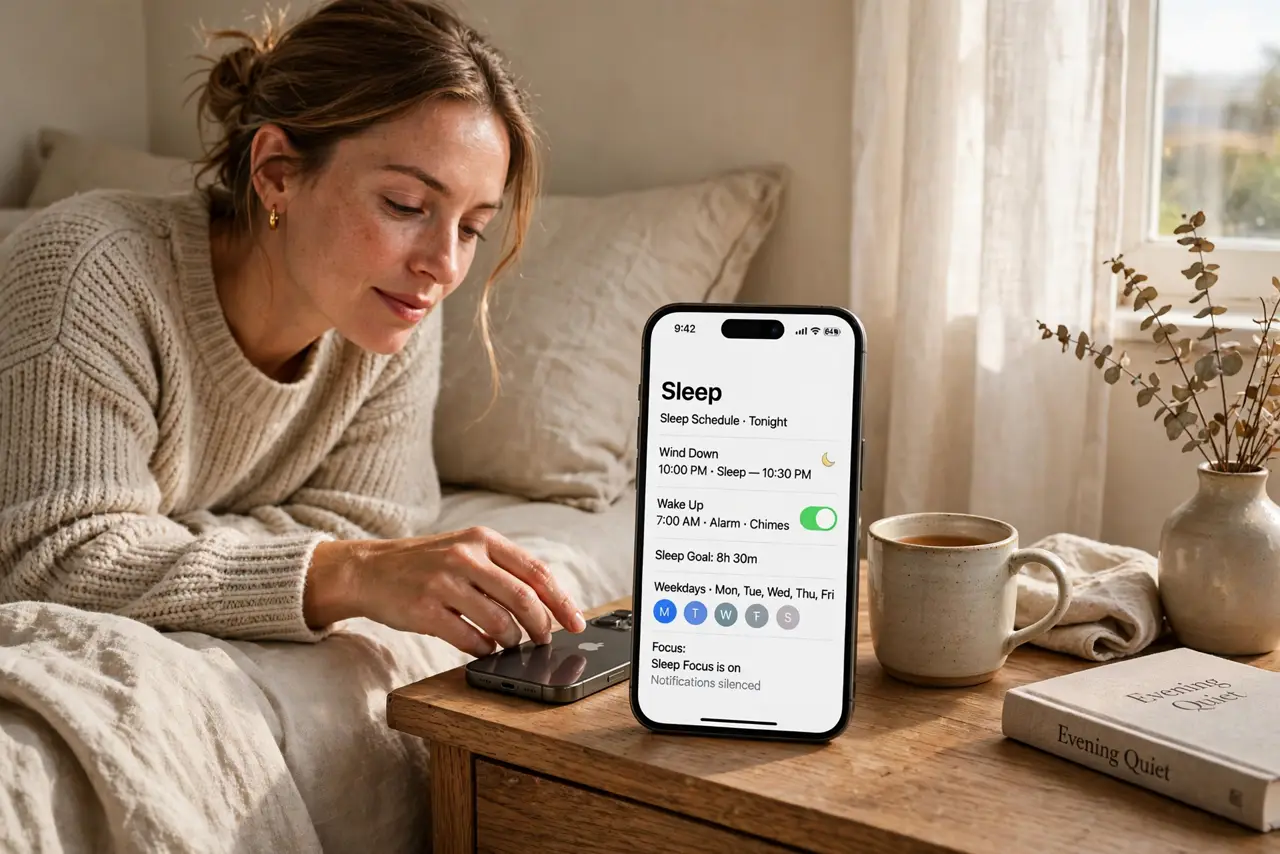 A woman placing an iPhone on a nightstand beside a bed in a dim bedroom, the Sleep screen with schedule legible, her face relaxed, evening.