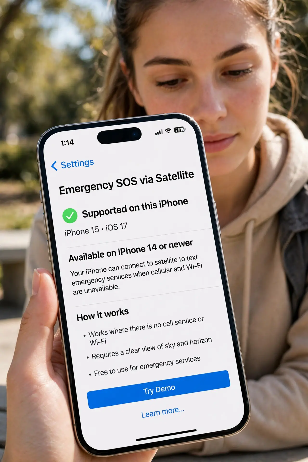 A person performing the guide's first step: Know which phones can do this. Emergency SOS via satellite needs an iPhone 14 or newer. Older iPhones simply lack the satellite radio — if…