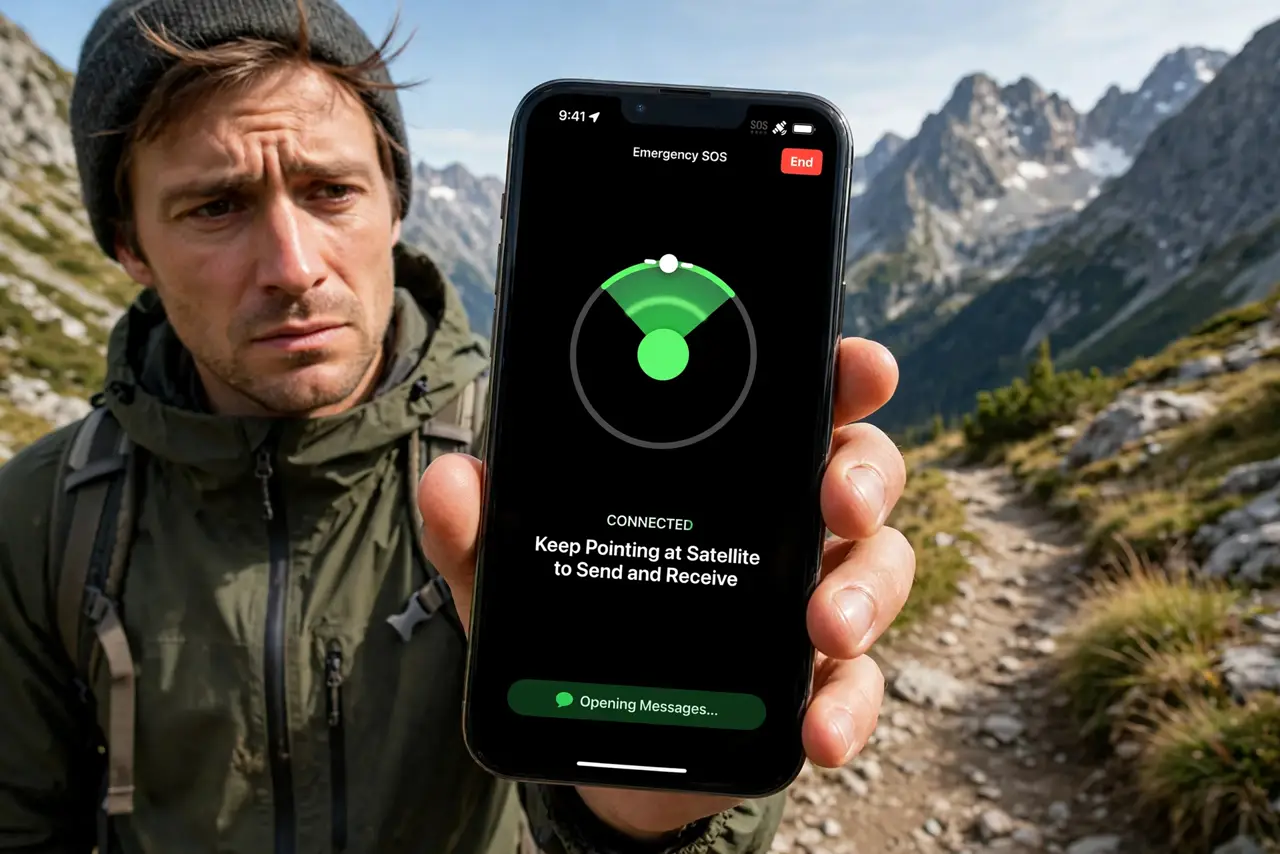 A person on a remote hiking trail holding a real iPhone showing the Emergency SOS via satellite screen with legible text, mountains behind, the person's face worried but focused, daylight..