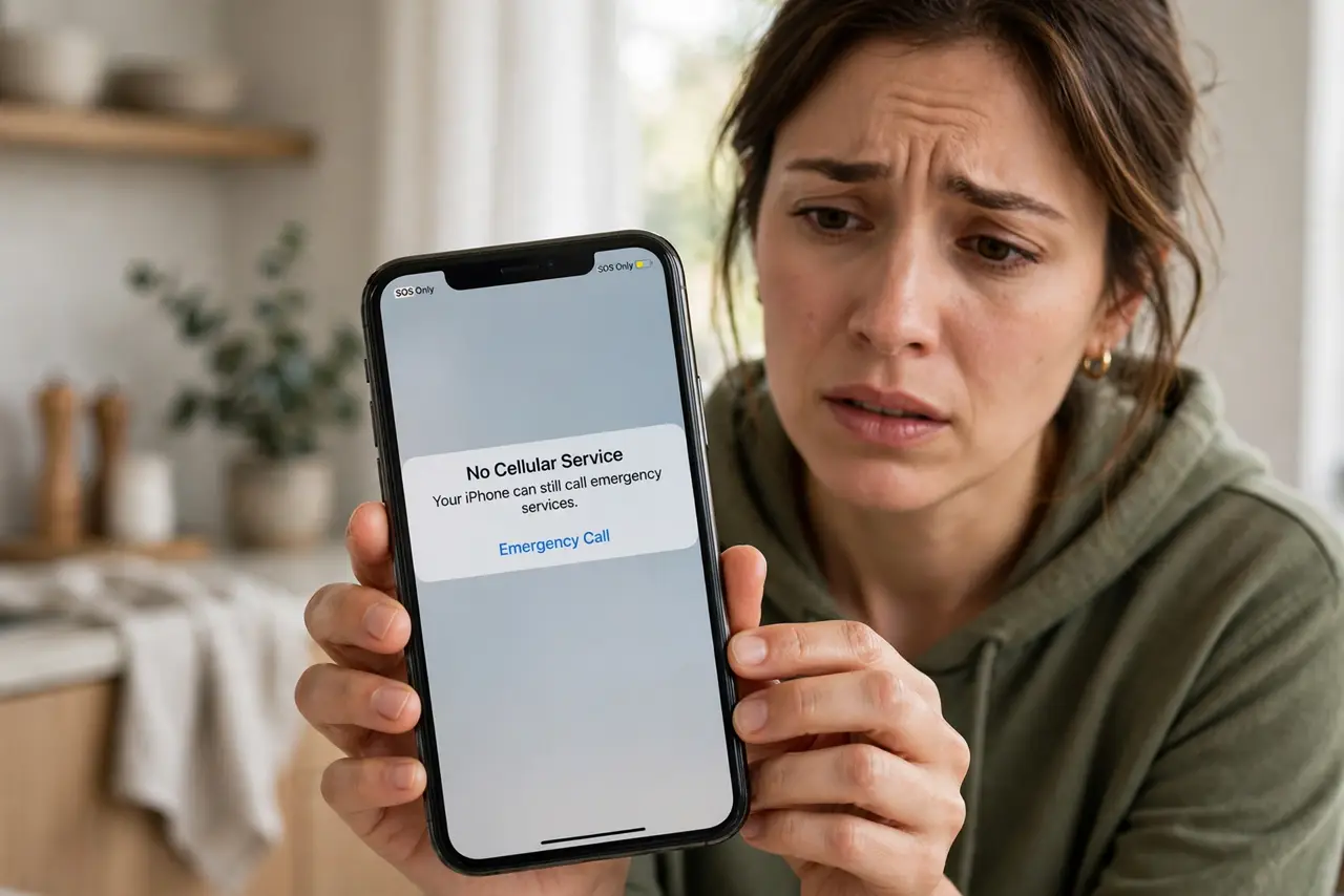 iPhone Stuck on 'SOS Only' After an Update — a worried adult holding a real iPhone showing 'SOS Only' in the status bar in fully legible text, the person's