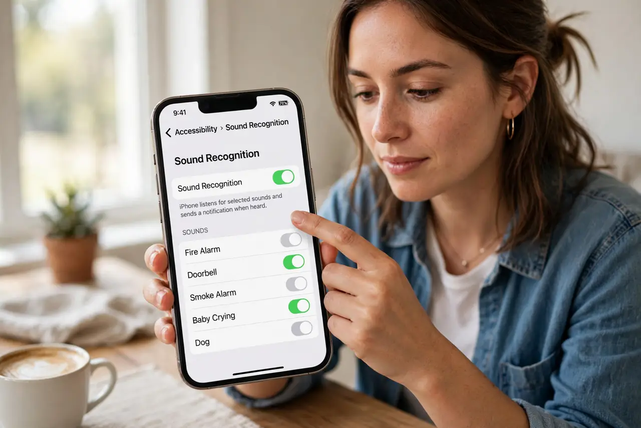 A person calmly performing the guide's first step: Open Sound Recognition.