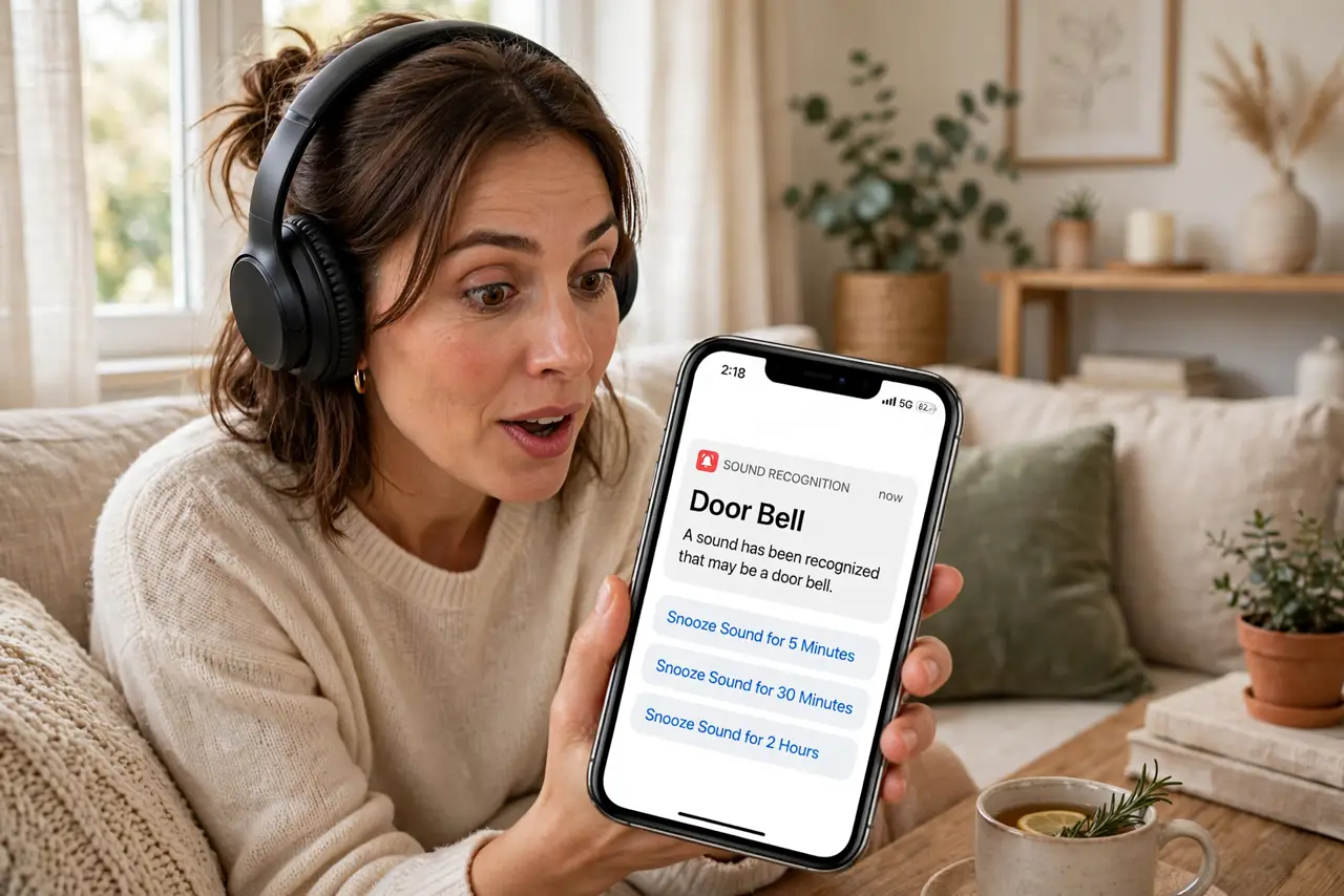 a person wearing headphones with a real iPhone showing a Sound Recognition alert for a doorbell, the person's face alerted and grateful, cozy living room. No black screen, no blank.