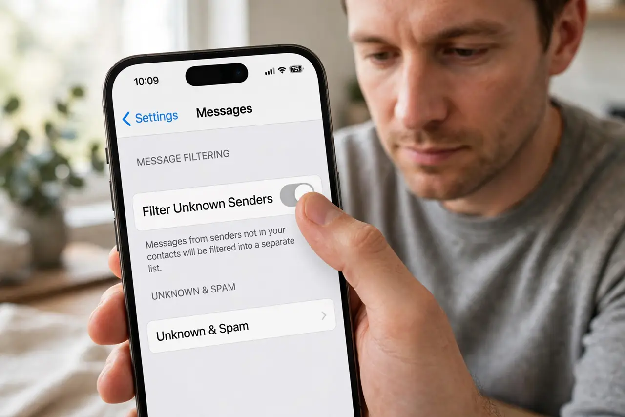 Person performing step 1: Turn on Filter Unknown Senders. Open Settings, then Messages, and turn on Filter Unknown Senders. Spam from numbers not in your contacts...
