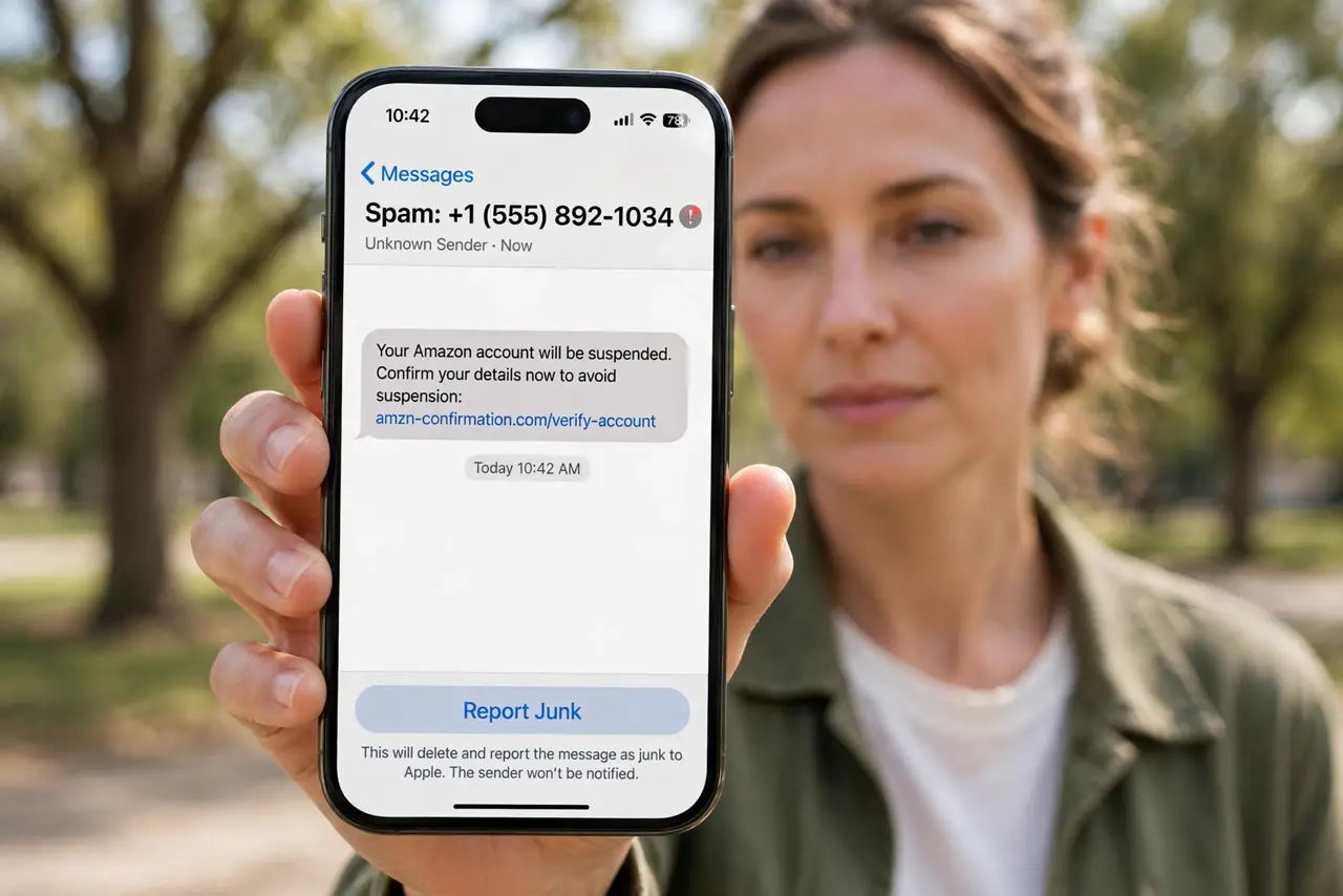 Photorealistic photo: A calm adult holding an iPhone toward the viewer, the real iPhone screen showing the Messages app with a spam message and the Report Junk option legible.