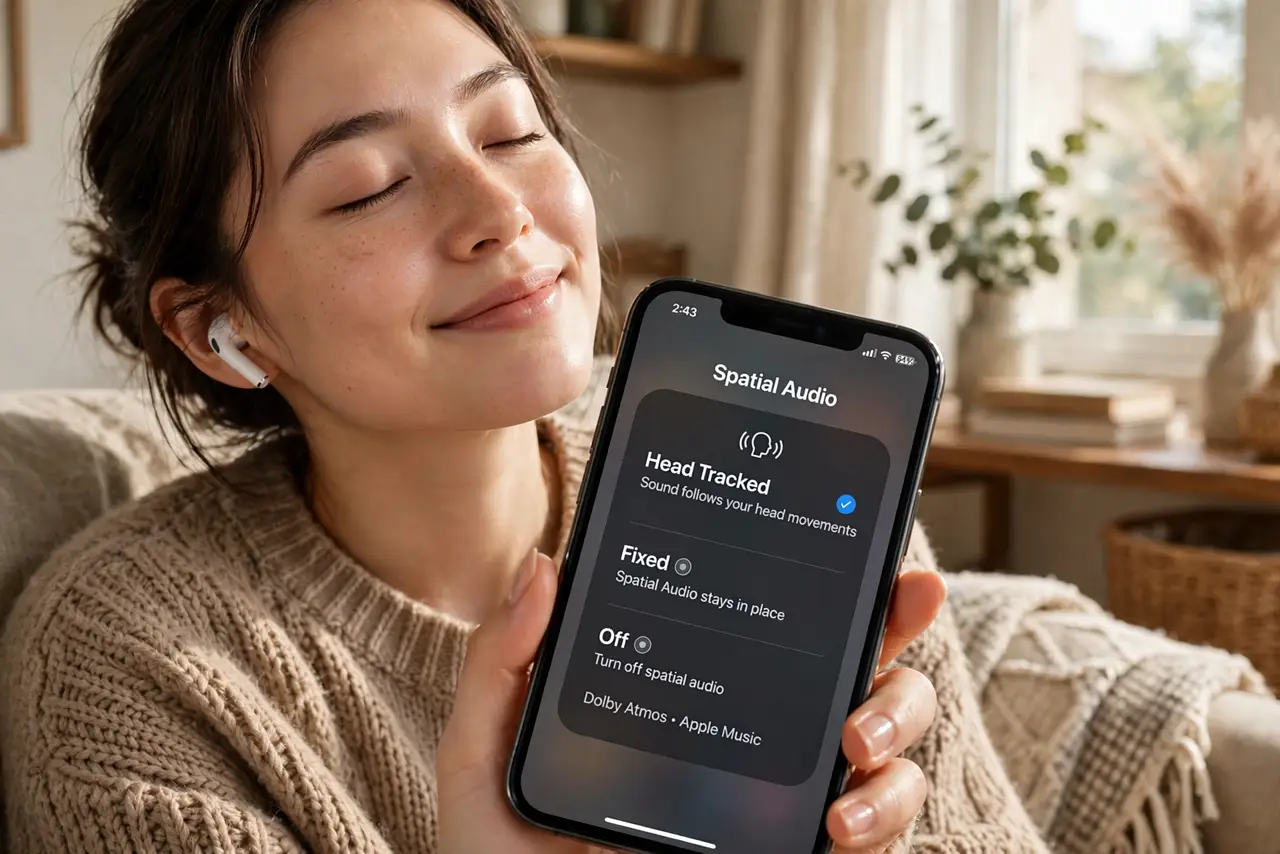 a person wearing real AirPods with eyes closed enjoying music, an iPhone showing the Spatial Audio control with legible options, the person's face blissful, cozy room.