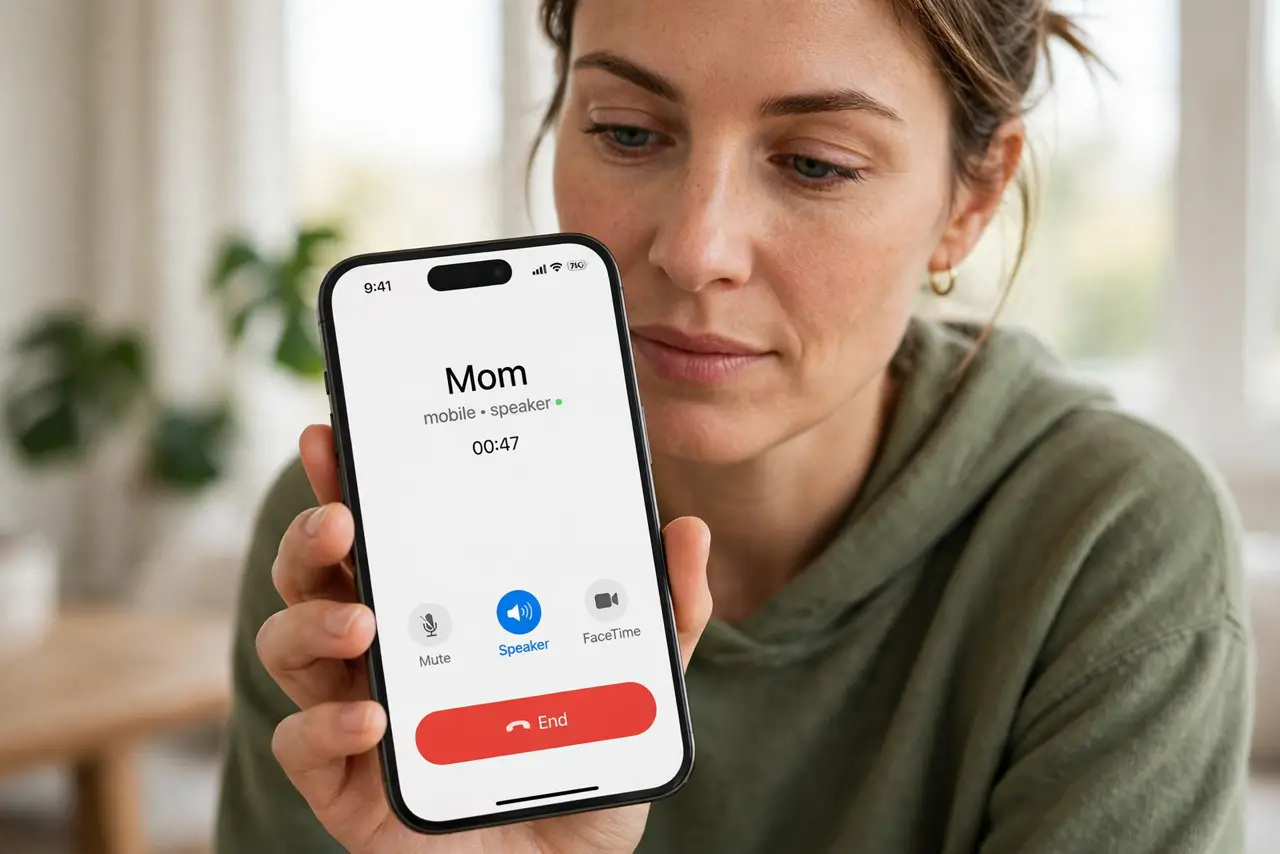 a calm adult holding a real iPhone during a call on speaker, the call screen visible on the real screen complete and legible, the person listening carefully.