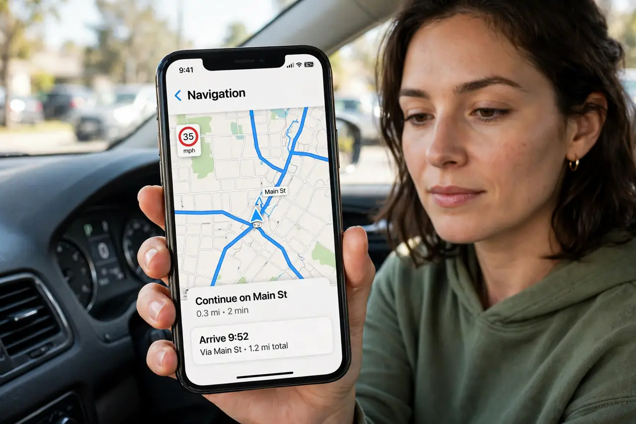 a person holding a real iPhone showing a navigation map with a legible speed limit indicator on screen, car dashboard visible but the car parked, the person'...