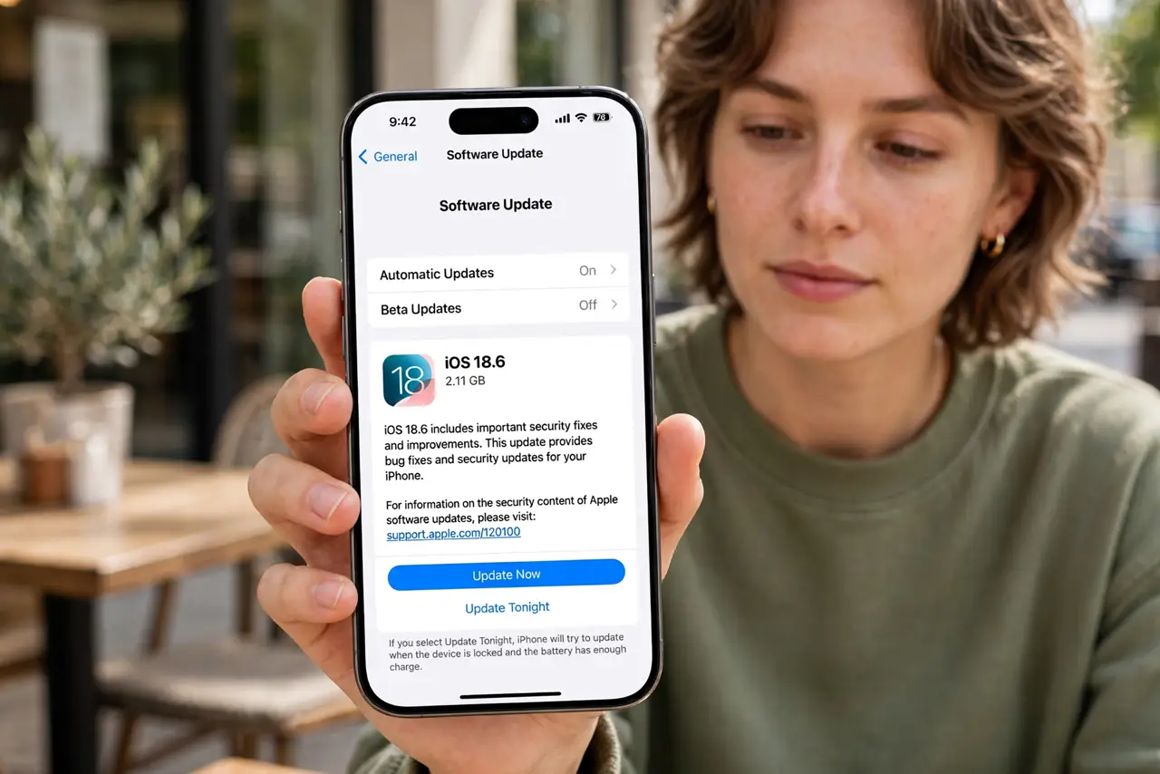 Photoreal photo of a person performing the first step: Update iOS immediately. Install the latest iOS — most iPhone spyware relies on vulnerabiliti...