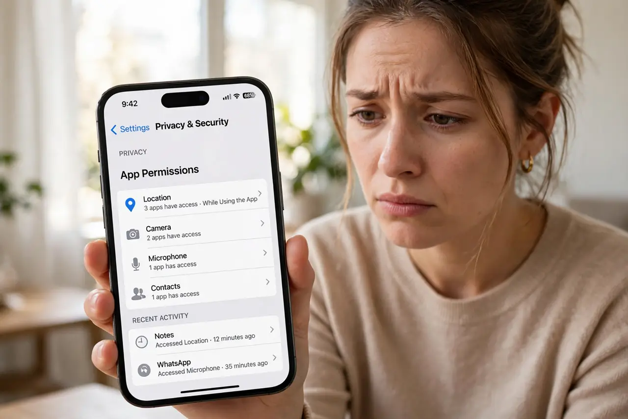 Photoreal photo: a person reviewing app permissions on a real iPhone with a focused concerned expression, the person's face serious, indoor light. No black screen, no blank white screen, no fake or garbled screen t...