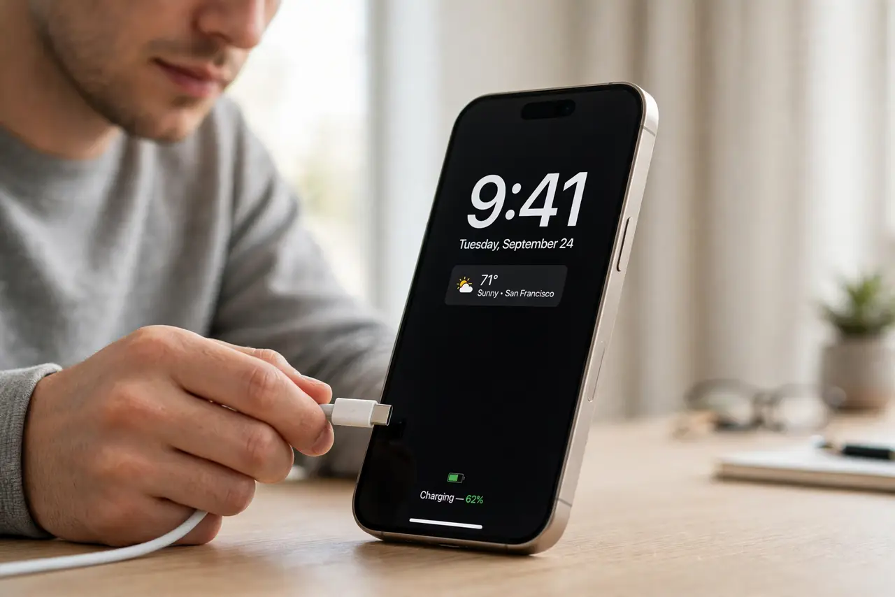 A person performing the guide's first step: Trigger StandBy. Connect the charger and set the iPhone on its side in landscape. StandBy activates automatically — if it does not, check…